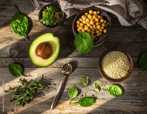 Rustic Wooden Tabletop Displaying Fresh Avocado, Chickpeas, Quinoa, and Spinach