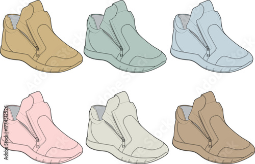 Diverse collection of everyday footwear, flat vector illustrations of modern zippered ankle-height casual shoes in a palette of stylish colors, ideal for design projects