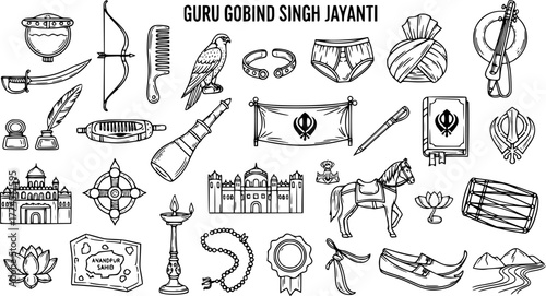 Guru Gobind Singh Jayanti Doodle Icon Set: Traditional Sikh Symbols, Architecture, and Artifacts