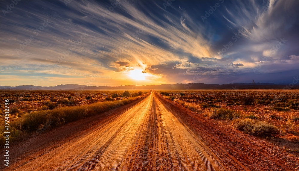 Naklejka premium heat shimmer mirage effect on a long straight rural dirt road in a dry arid landscape under a partly cloudy sky with golden hour sunlight