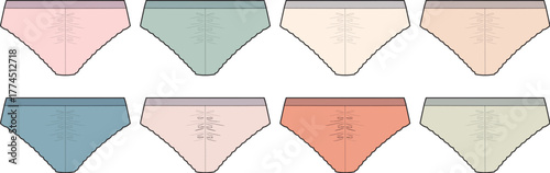 Collection of eight different colored women's underpants displayed in a two-row grid, with each garment showcasing a unique shade