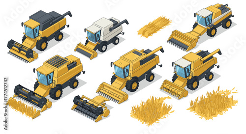 Variety of isometric combine harvesters and wheat crops in a detailed set
