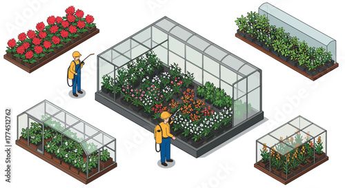 Isometric greenhouse gardening with workers and flower beds