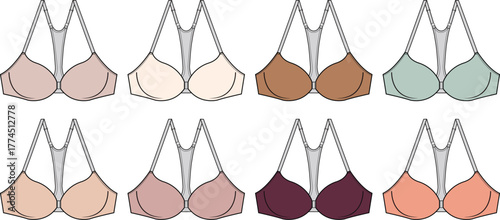 Set of eight different colored push-up bras, each with a unique shade and strap design, laid out in two rows
