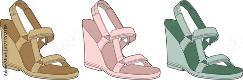 Set of colorful summer wedge sandals for women. Fashionable footwear illustration in tan, pink, and teal green