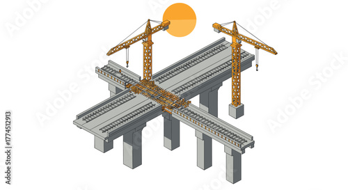 Construction site with cranes building a highway overpass in isometric style