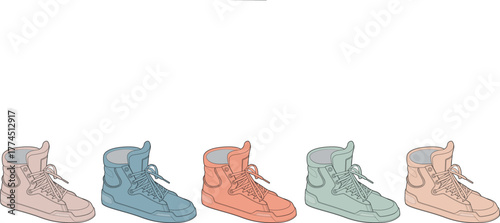 A stylish collection of five distinct high-top sneakers, each presented in a different pastel color, showcasing a diverse range of modern casual footwear design and trendy fashion choices