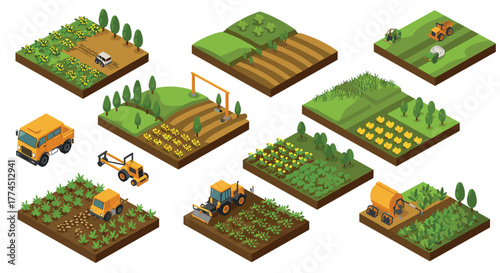 Isometric farm land with agricultural machinery and crops