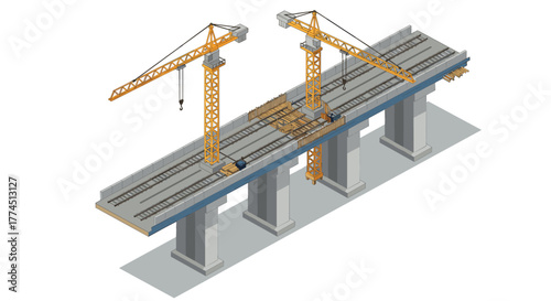 Isometric construction scene with cranes on elevated railway bridge