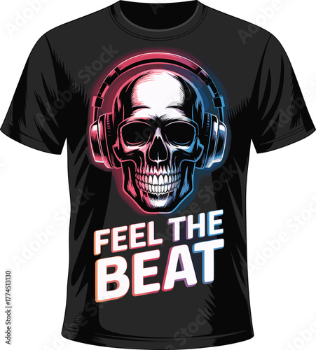 Neon Skull with Headphones Vector, Glow Effect DJ Music T-Shirt Graphic