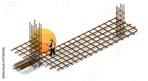 Isometric construction worker on steel framework at sunset