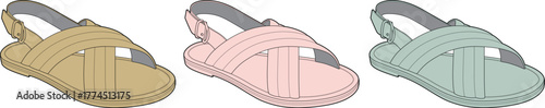 A vibrant collection of women's summer sandals in multiple pastel colors. This vector illustration showcases a concept of casual fashion and comfortable footwear
