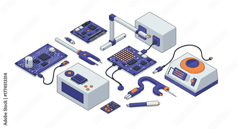 Obraz premium Isometric electronic components and tools for circuit design and prototyping