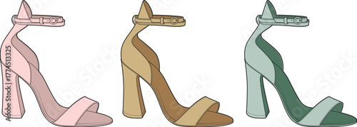 A colorful set of elegant women's high-heeled sandals with ankle straps in various pastel shades. Vector illustration of fashionable summer footwear