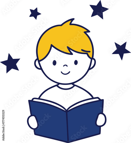 Silhouette of a child reading a book with stars above, isolated sketch vector design.