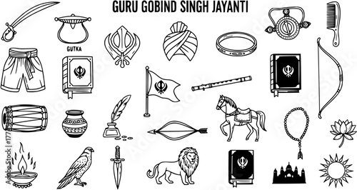 Guru Gobind Singh Jayanti Line Art Icon Set: Sikh Festival Celebration Vector Graphics