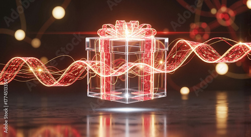 Neon Christmas gift with glowing ribbon, perfect for digital marketing and holiday-themed creative projects