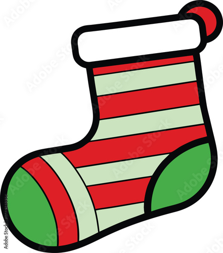 Christmas stocking doodle with stripe pattern, isolated festive holiday vector design.