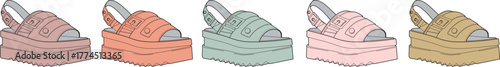 Collection of stylish women's chunky platform sandals in different colors. Fashionable summer footwear illustration