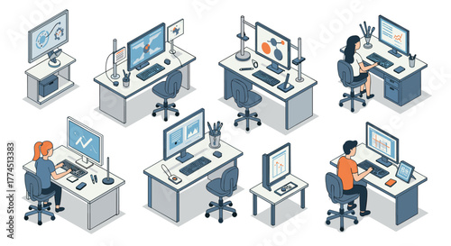 Modern office setup with technology and teamwork in isometric style