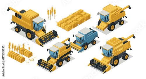 Modern isometric harvesting machines and hay bales collection for agricultura…
