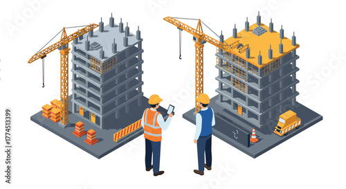 Construction site with tower cranes and engineers in isometric style
