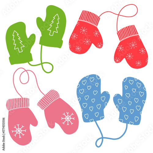 Set of colorful cute winter mittens vector illustration. Christmas and winter gloves flat vector pack
