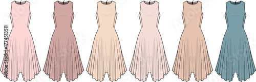 Vector fashion flat illustration set of a stylish sleeveless dress with a handkerchief hem, presented in a diverse palette of soft, muted colors for a women's clothing collection