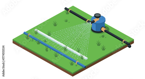 Isometric lawn sprinkler system on grass field with water spray
