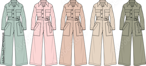 Fashion technical flat sketch of a women's long sleeve utility jumpsuit. Vector template showing multiple colorways for apparel design and tech packs