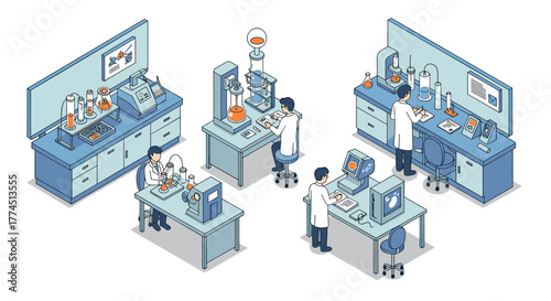 Modern laboratory research scene with scientists in isometric style