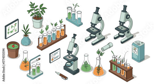 Laboratory instruments and plants in isometric science and research design