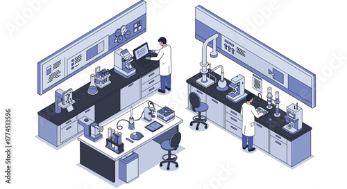 Isometric science laboratory with researchers working on experiments