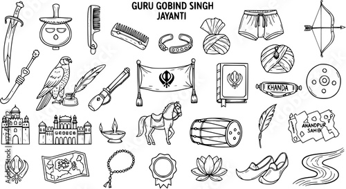 Guru Gobind Singh Jayanti festival symbols collection. Hand-drawn vector set of Sikhism elements, including weapons, Kakkars, Gurdwaras, and religious objects.
