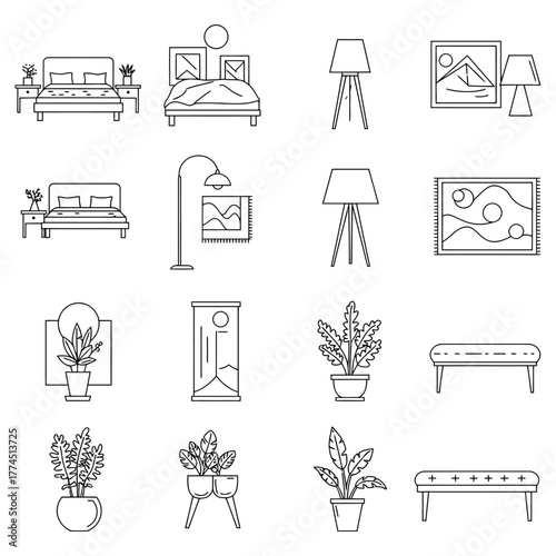 interior design elements a collection of bedroom furniture lamps and plants for home decoration ideal for creating a cozy and stylish space