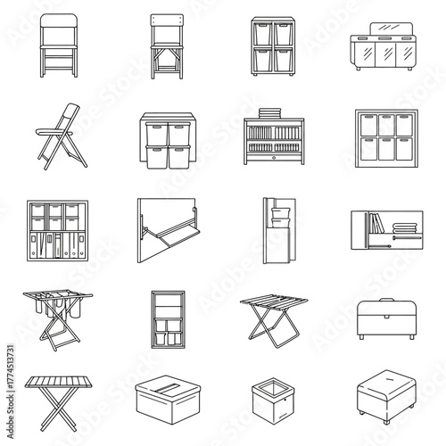 furniture line icons essential storage and seating modern design illustrating home organization solutions and space-saving ideas perfect for decor blogs