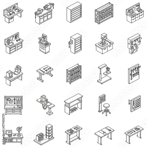 workshop equipment icons isometric outline illustrations of tools machinery and storage ideal for a mechanical engineering brochure or DIY website.