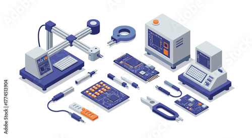 Isometric electronics prototype kit with 3d printer and circuit boards