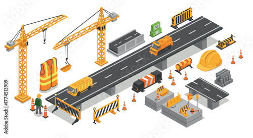 Isometric construction set with cranes, roads, and safety equipment