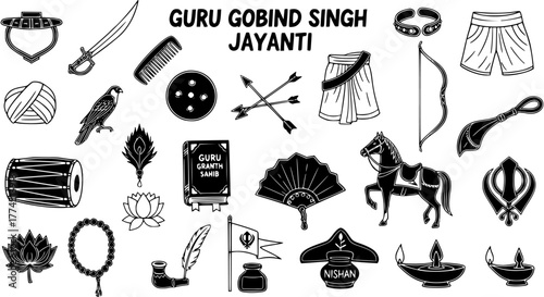 Guru Gobind Singh Jayanti Icons Set: Sikh Religious Symbols, Cultural Elements, and Festival Items for Graphic Design and Celebrations