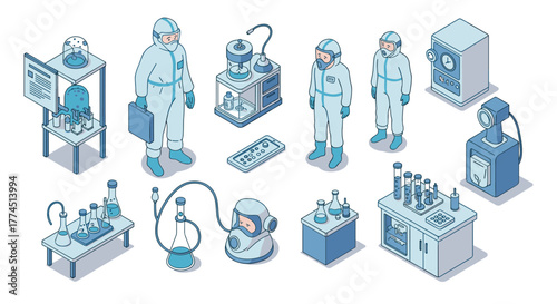 Isometric science lab equipment and researchers in protective gear