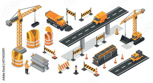 Isometric construction site elements with cranes and vehicles on white backgr…