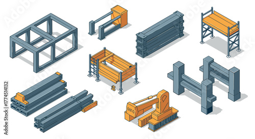 Isometric construction equipment and scaffolding elements for building projects