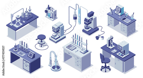 Isometric laboratory equipment set with modern chemistry and science tools