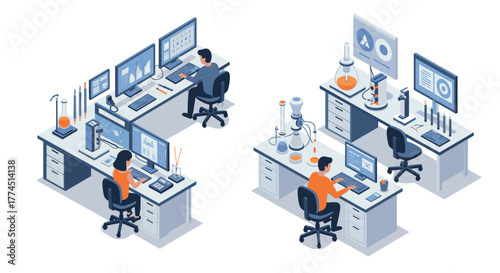 Modern laboratory workspace with scientists analyzing data and conducting res…