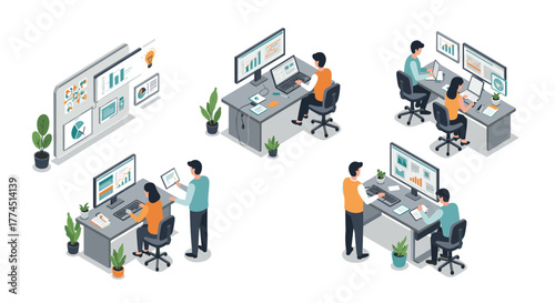 Isometric office workspace with people analyzing data and charts on computers