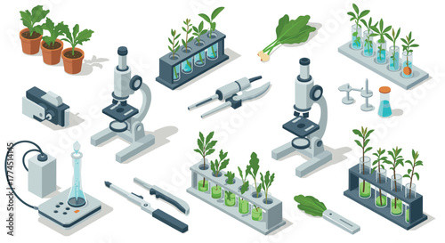 Isometric laboratory equipment with plants and microscopes for scientific res…