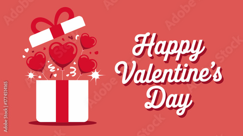 Happy valentines day gift box with heart balloons and confetti