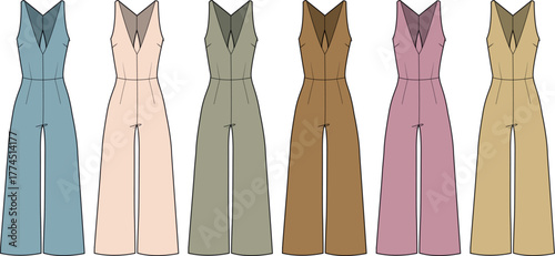 Collection of stylish full-length jumpsuits in various fashionable colors, showcasing modern apparel design and versatile fashion options