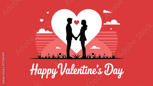 Romantic couple holding hands silhouette against large heart background